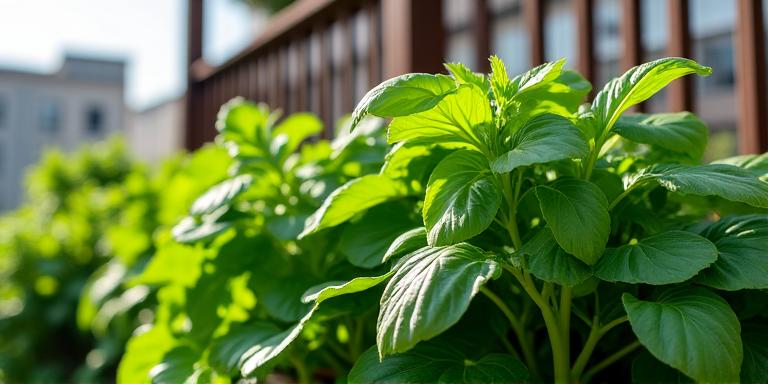 小川様のベランダで収穫寸前の小松菜とバジル