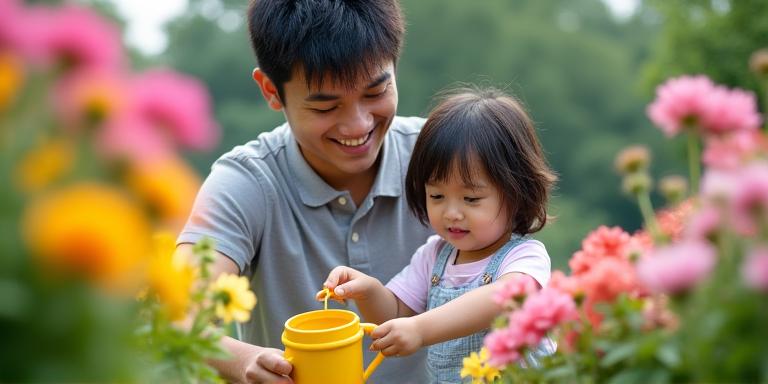 お子さんと一緒に花に水をやる高橋様